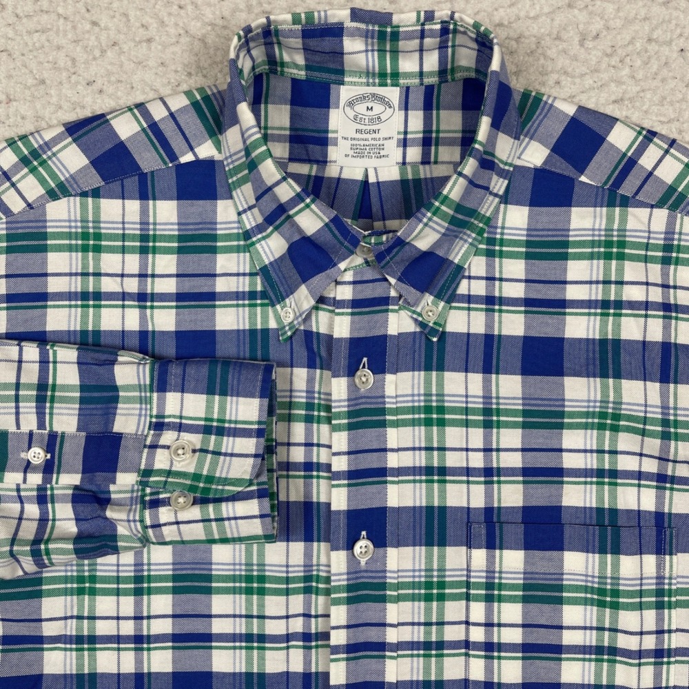 Brooks Brothers Button Down Mens M Blue Green Regent Plaid Supima Cotton Preppy